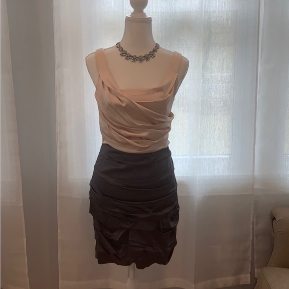 8 Express Silk Two Toned Ruched Sleeveless Peach Pink Gray Satin Mini‎ Dress - Picture 3 of 12